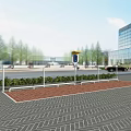 Outdoor Public Space With Brick Pavement Railing Plants And Signpost Near Building Trees
