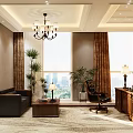 Luxurious Office Interior With Wooden Bookshelves Desk Leather Chair And Large Windows