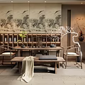 Serene Traditional Tea Room Interior With Wooden Furniture Landscape Painting And Tea Sets