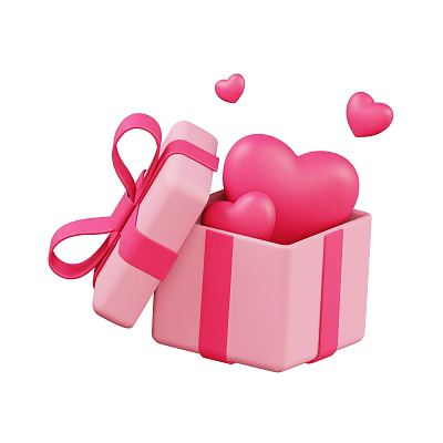 Pink Decorative Ornament Set With Open Gift Box Heart Shaped Ornaments Ribbon Bow And Floating Hearts 3d model