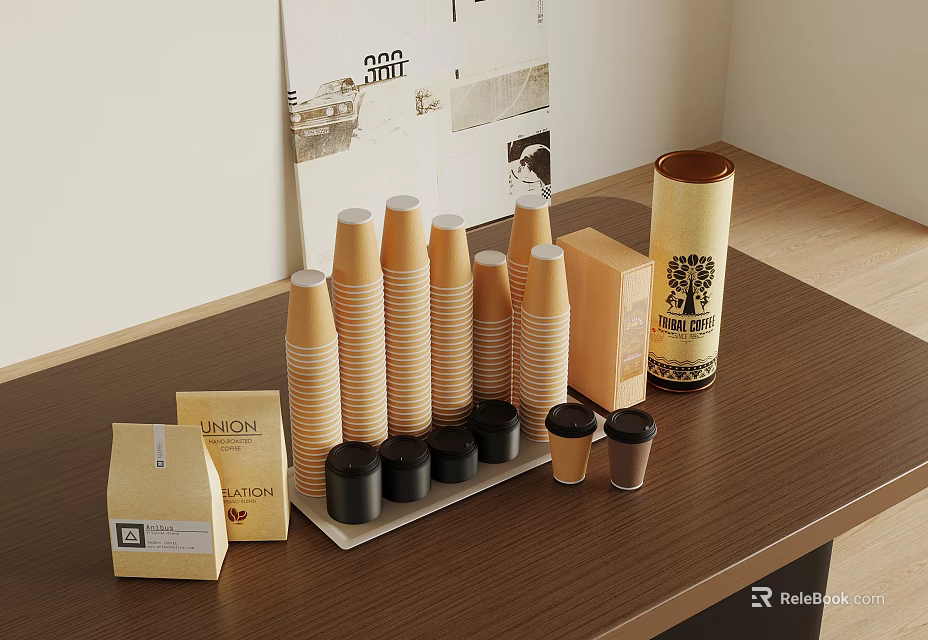 Stacked Brown Paper Cups With Small Boxes Cylindrical Canisters And Black Lids On Table 3d model 