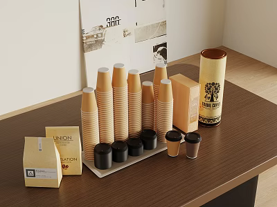 Stacked Brown Paper Cups With Small Boxes Cylindrical Canisters And Black Lids On Table 3d model