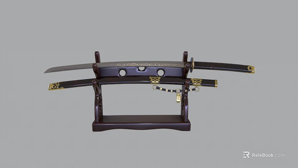 Traditional Japanese Weapon Katana Display on Wooden Stand with Golden Accents and Scabbard 3d model 