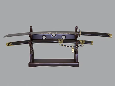 Traditional Japanese Weapon Katana Display on Wooden Stand with Golden Accents and Scabbard 3d model
