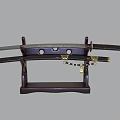 Traditional Japanese Weapon Katana Display on Wooden Stand with Golden Accents and Scabbard