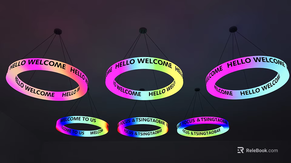 Colorful Circular Chandeliers With Welcome Hello Text And String Light Design 3d model 