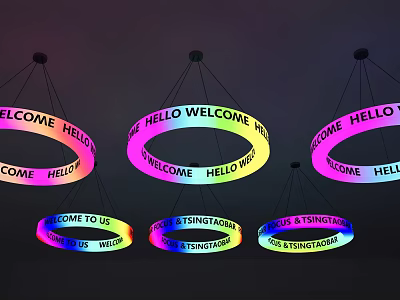 Colorful Circular Chandeliers With Welcome Hello Text And String Light Design 3d model