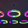Colorful Circular Chandeliers With Welcome Hello Text And String Light Design