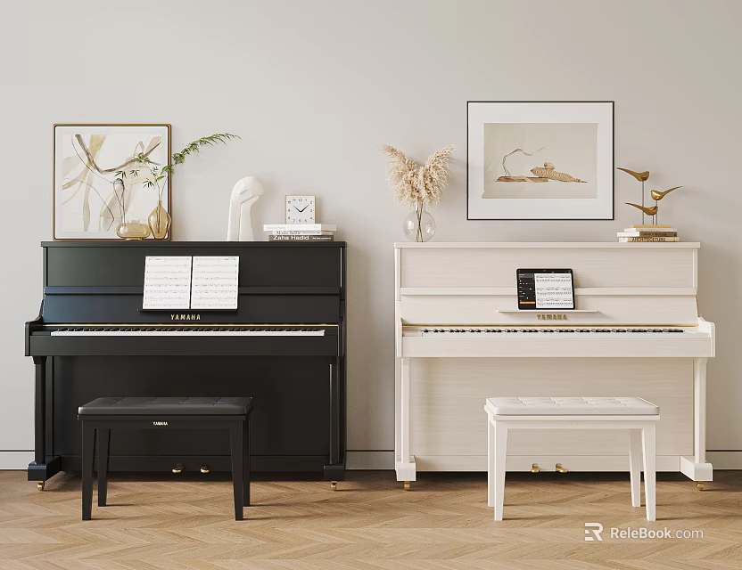 Stylish Musical Instruments And Art Supplies Display With Black White Pianos Art Frames And Decor 3d model 