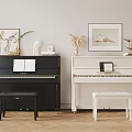 Stylish Musical Instruments And Art Supplies Display With Black White Pianos Art Frames And Decor
