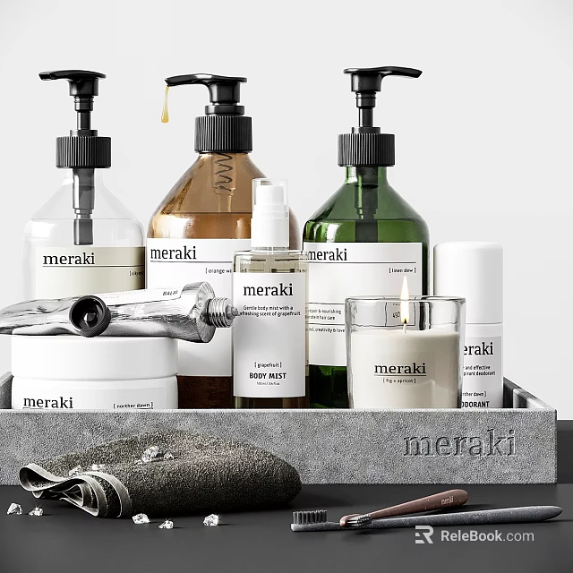 Meraki Daily Washing Essentials With Bottles Containers Candles Towel And Tray 3d model 