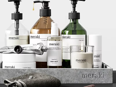Meraki Daily Washing Essentials With Bottles Containers Candles Towel And Tray 3d model