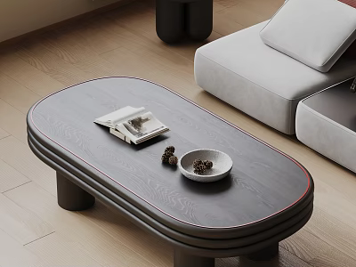 Modern Oval Coffee Table In Living Room With Magazine Bowl And Sofa 3d model