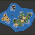 Cartoon Scene With Island Multiple Regions Green Grass Stones Small Buildings And Blue Water