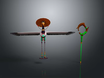 Anthropomorphic Bird Character With Wide Brimmed Hat Long Neck And Wings Beside Green Brown Staff 3d model