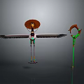 Anthropomorphic Bird Character With Wide Brimmed Hat Long Neck And Wings Beside Green Brown Staff