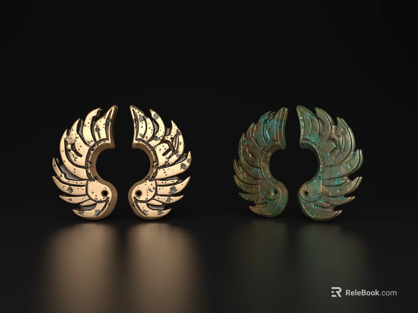 Artistic Wing Shaped Decorative Ornament Set with Golden and Greenish Finish for Home Decor 3d model 