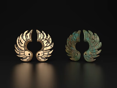 Artistic Wing Shaped Decorative Ornament Set with Golden and Greenish Finish for Home Decor 3d model
