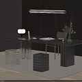 Modern Black Desk Setup With Laptop Lamp Plant Chair And Wooden Wall