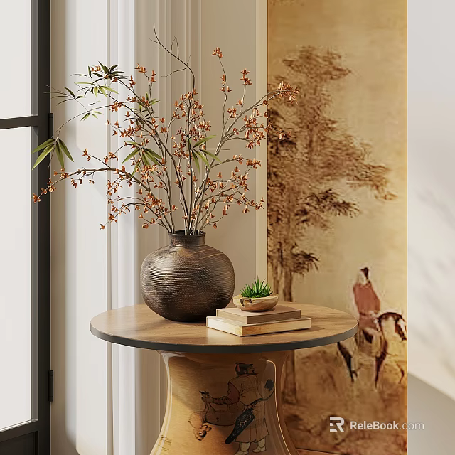 Decorative Vase With Dried Branches And Small Flowers On Round Wooden Table With Traditional Mural 3d model 