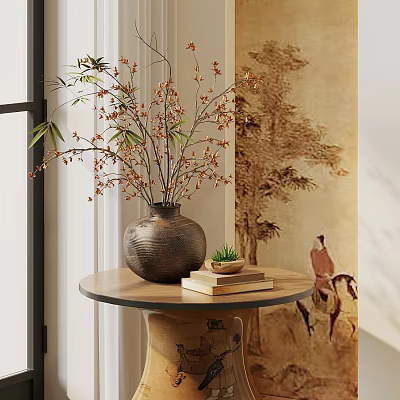 Decorative Vase With Dried Branches And Small Flowers On Round Wooden Table With Traditional Mural 3d model