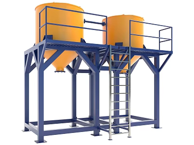 Yellow Industrial Storage Tanks On Blue Support Frames With Ladder And Guardrails 3d model