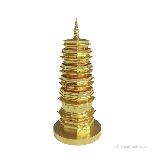 Golden Multi tiered Pagoda With Intricate Layered Structure And Decorative Base 3d model 