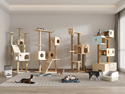 Stylish Wooden Cat Trees With Multiple Platforms And Playful Kittens In Cozy Room 3d model