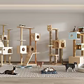 Stylish Wooden Cat Trees With Multiple Platforms And Playful Kittens In Cozy Room