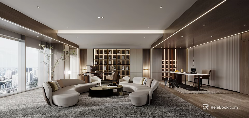 Modern Office Interior With Curved Sofas Wooden Bookshelves And Large Carpet 3d model 
