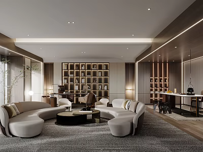 Modern Office Interior With Curved Sofas Wooden Bookshelves And Large Carpet 3d model