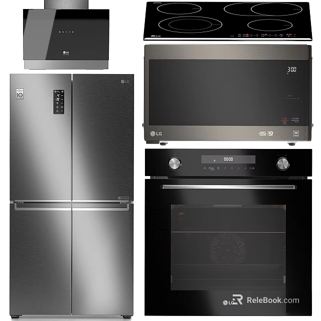 Sleek Modern Kitchen Appliances Stainless Steel Refrigerator Range Hood Microwave Oven With Black Finish 3d model 