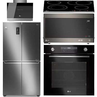 Sleek Modern Kitchen Appliances Stainless Steel Refrigerator Range Hood Microwave Oven With Black Finish 3d model