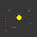 Mechanical Characters With Central Black Yellow Structure And Surrounding Colorful Small Creatures