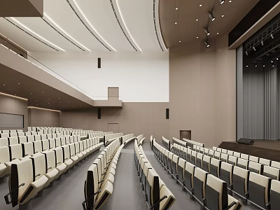 Modern Auditorium Interior Design With Rows Of White Seats Stage And Lighting 3d model