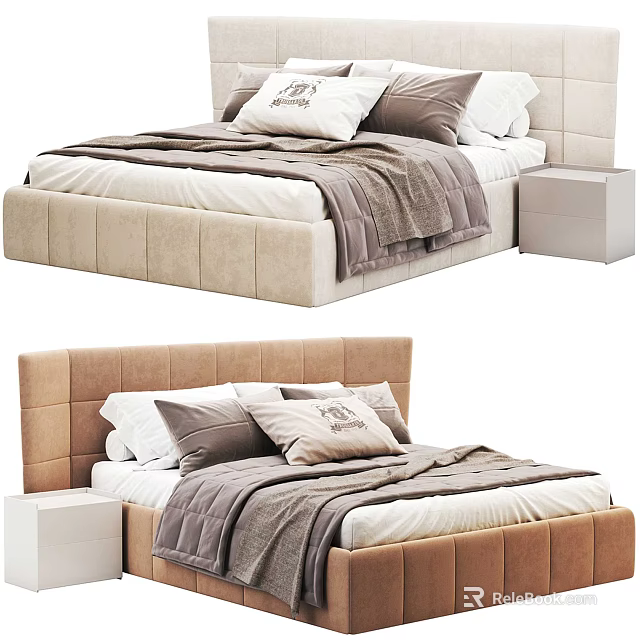 Velvet Upholstered Double Bed With Beige Brown Headboard Soft Pillows Blanket And Nightstand 3d model 
