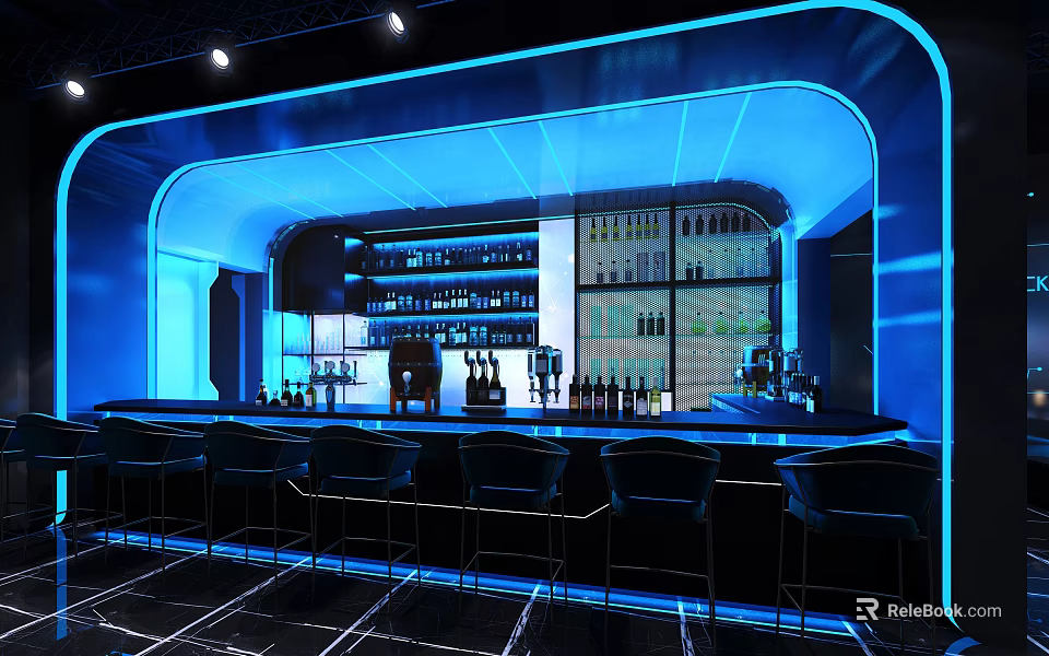 Modern Bar Interior With Blue Lighting Bar Counter Wine Racks And Stools 3d model 