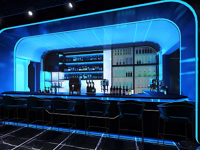 Modern Bar Interior With Blue Lighting Bar Counter Wine Racks And Stools 3d model