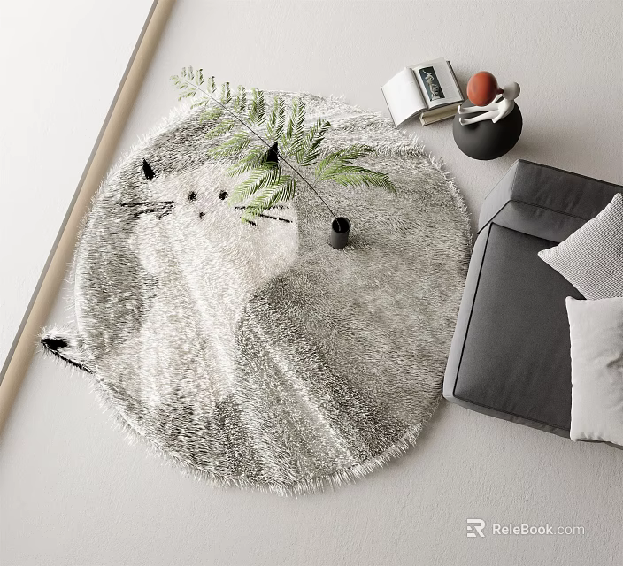 Silver Plush Round Rug With Cat Pattern For Living Room Decor 3d model