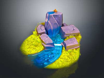 3D Natural Scene Model With Flowing Blue Water Stream Purple Rocks and Yellow Grass 3d model