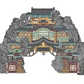 Traditional Chinese Architecture With Elaborate Carvings Overhanging Eaves Colorful Roofs And Surrounding Rock Formations
