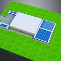 Cartoon Scene Featuring Building With Solar Panels On Roof And Green Grass Field