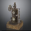 Vintage Steampunk Mechanical Device With Brass Gears Clocks And Rustic Base