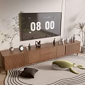 Modern Wooden TV Stand with Flat Screen TV Decorative Figurines Clock Potted Plants and Rug