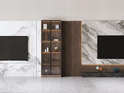 Modern TV Background Wall With Marble Texture Wooden Panel Storage Shelves And Decorative Items 3d model