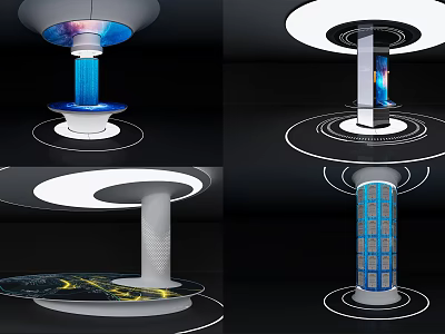 Modern Showcase Shelves with Circular Lighting Column Structure and Colorful Display Panels 3d model