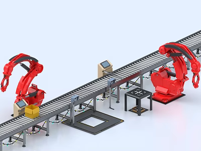 Industrial Plant Featuring Red Robotic Arms And Automated Conveyor Belt System 3d model