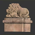 Detailed Reclining Stone Lion Statue on Ornate Pedestal with Sandstone Texture