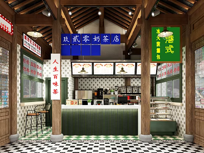 Traditional Style Milk Tea Shop Interior With Wooden Counter And Signature Tea Drinks 3d model