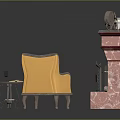 Pink Marble Fireplace With Vases Clock Floor Lamp Yellow Armchair And Small Round Table